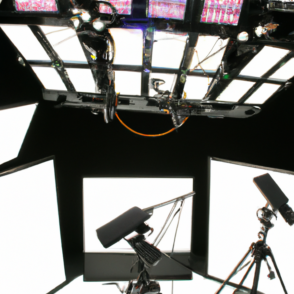 Lighting grid and teleprompter in a clean news studio